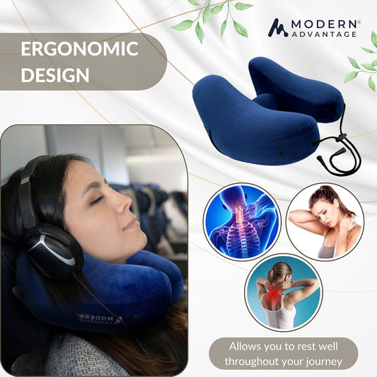 Modern Advantage Inflatable Travel Pillow for Airplanes – Hooded Neck Pillow with Adjustable Support – Comfortable, Compact & Travel-Friendly – Perfect for Sleeping on Long Flights (Blue)