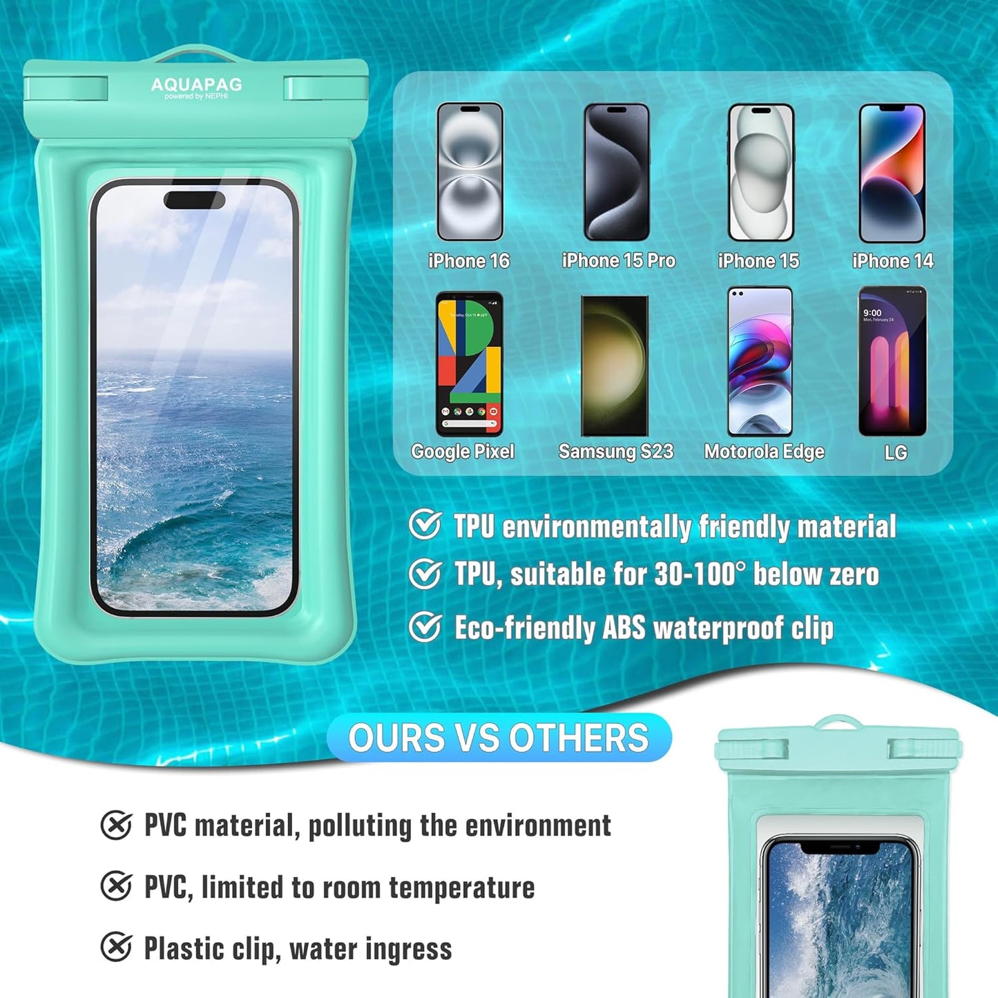 NEPHI IP68 Waterproof Phone Pouch 2 Pack-Up to 8.0"，Adjustable Neck Lanyard Floating Waterproof Phone Case for iPhone,Phone Dry Bags for Vacation Beach Pool Travel Essentials (Aqua Green 2 Pack)