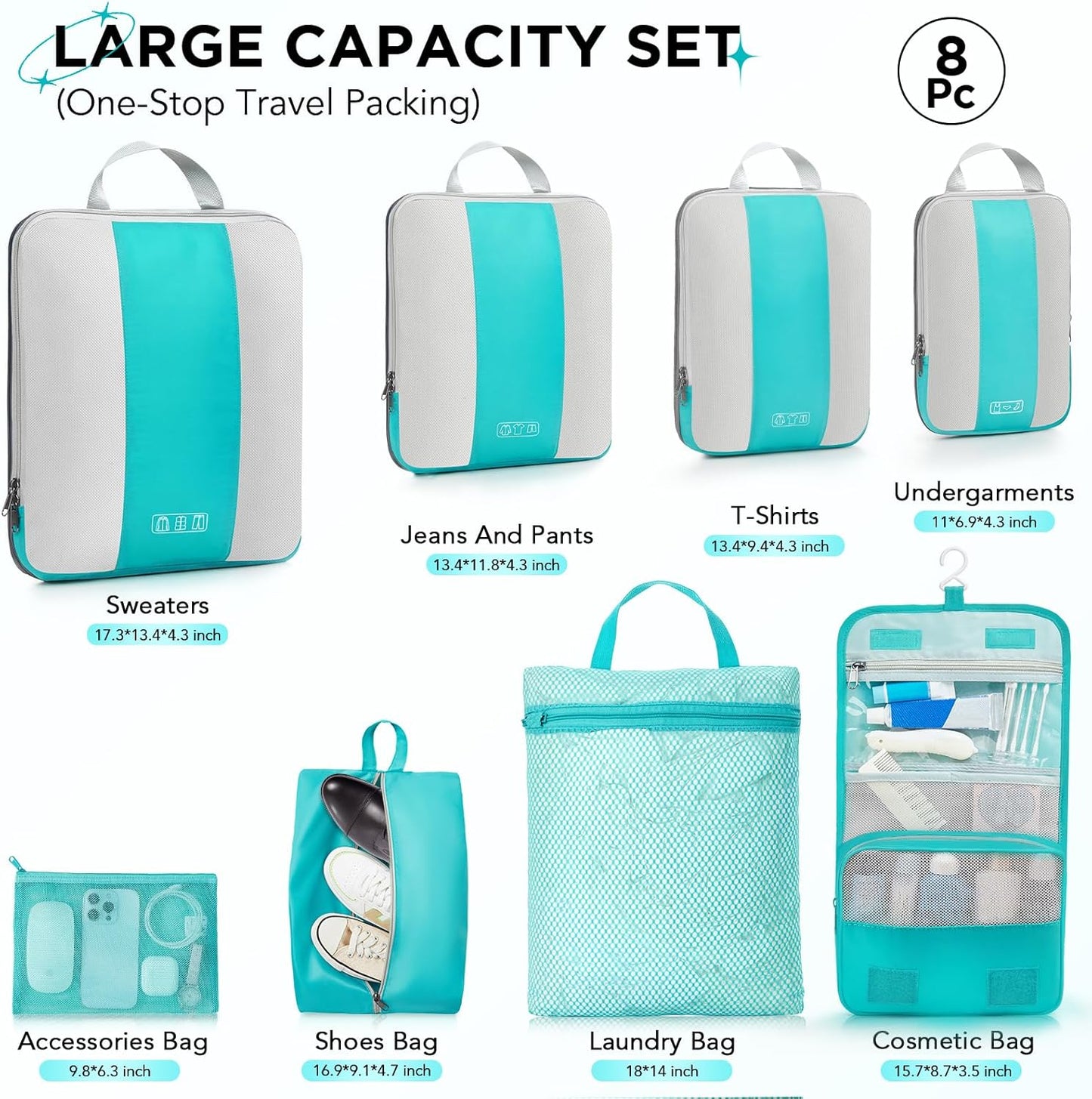 8 Set Compression Packing Cubes for Travel Essentials,Compressible Expandable Packing Cubes for Suitcase,OlarHike Luggage Organizer Bags for Travel,Handy Helper for Organizing Clothes(Blue Green)