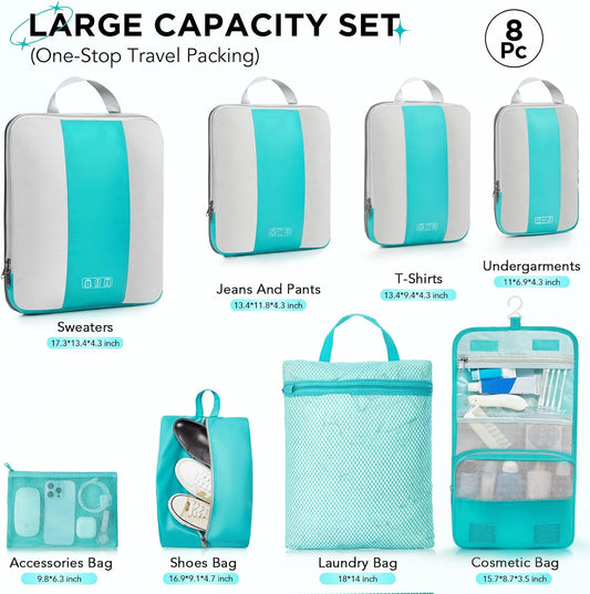8 Set Compression Packing Cubes for Travel Essentials,Compressible Expandable Packing Cubes for Suitcase,OlarHike Luggage Organizer Bags for Travel,Handy Helper for Organizing Clothes(Blue Green)