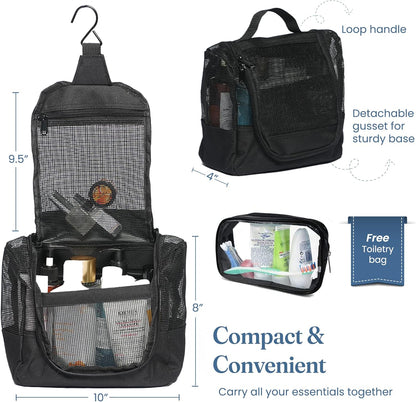 The Fine Living Co. Portable Hanging Shower Caddy Organizer Bag (Free Toiletries Case+Metal Hook) Quick Dry Mesh Shower Caddy Tote Bag Pouch For Bathroom College Dorm Camp Gym Camping 10”x4”x8”(Black)
