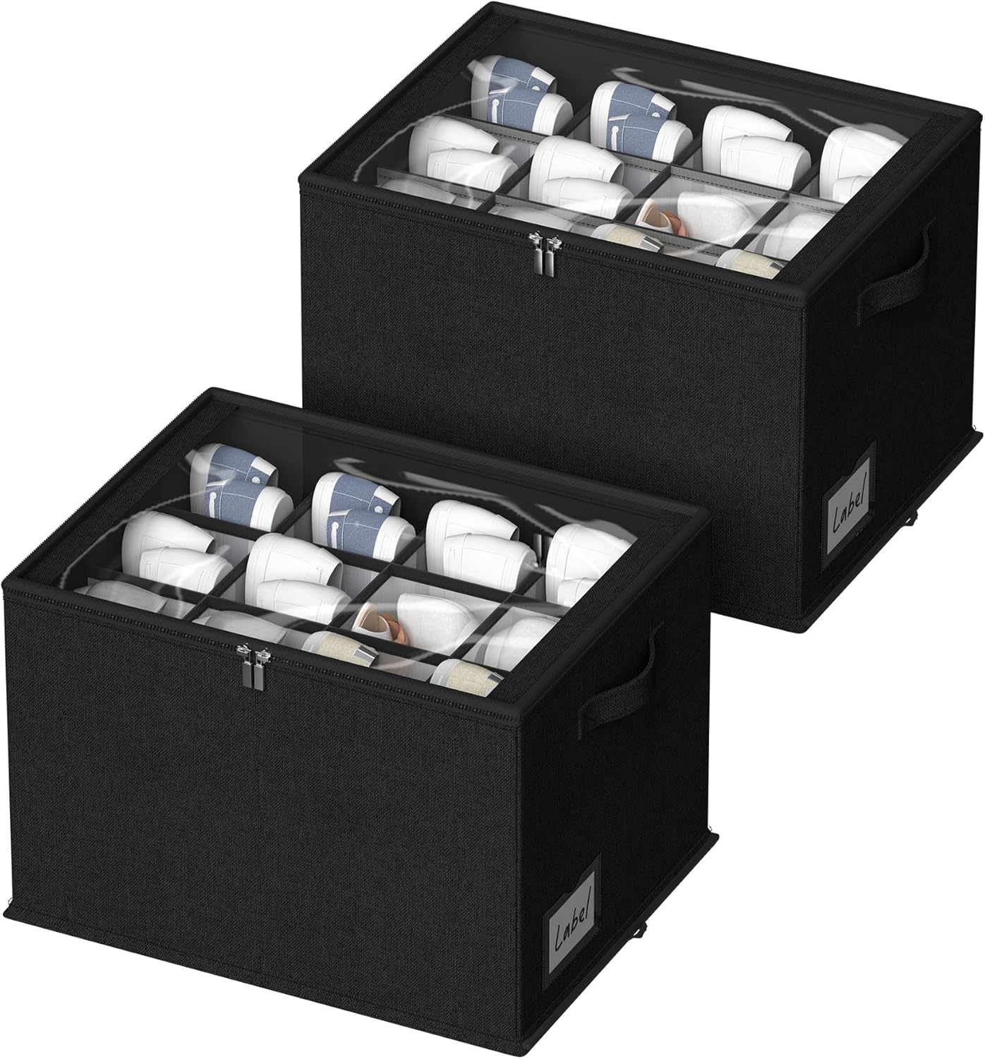 2 Pack Shoe Organizer for Closet - Shoe Storage Bins with Clear Cover, Fabric Shoe Storage Containers with Reinforced Handles, Fits up to 24 Pairs (Black, 16.5 * 12.6 * 12.2in)