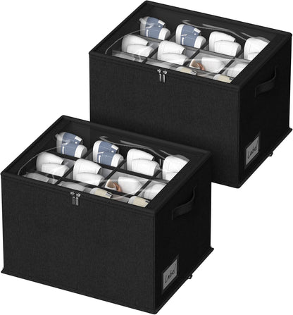 2 Pack Shoe Organizer for Closet - Shoe Storage Bins with Clear Cover, Fabric Shoe Storage Containers with Reinforced Handles, Fits up to 24 Pairs (Black, 16.5 * 12.6 * 12.2in)