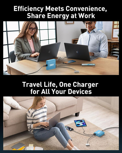 280W USB C Charger Block, 8-Port USB C Charging Station GaN III PD 65W Laptop Charger Adapter Compatible with MacBookPro/Air,DELL,iPad,Portable Charging Station for iPhone,Samsung Galaxy(Blue)