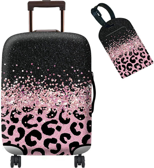 Luggage Cover + Tag, Pink Leopards Travel Suitcase Cover for 18-20 inch Luggage (S) with Concealed Zipper, Washable Elastic Cloth, Dustproof, Anti-Scratch