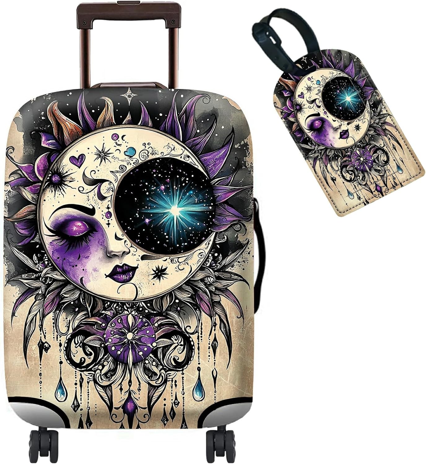 Luggage Cover Suitcase Protector Plus 1 Luggage Tag, Gothic Moon Face Travel Suitcase Cover for 18-20 inch Luggage (S) with Concealed Zipper Washable Elastic Cloth Dustproof Anti-Scratch
