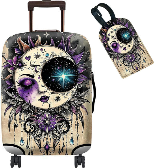 Luggage Cover Suitcase Protector Plus 1 Luggage Tag, Gothic Moon Face Travel Suitcase Cover for 18-20 inch Luggage (S) with Concealed Zipper Washable Elastic Cloth Dustproof Anti-Scratch
