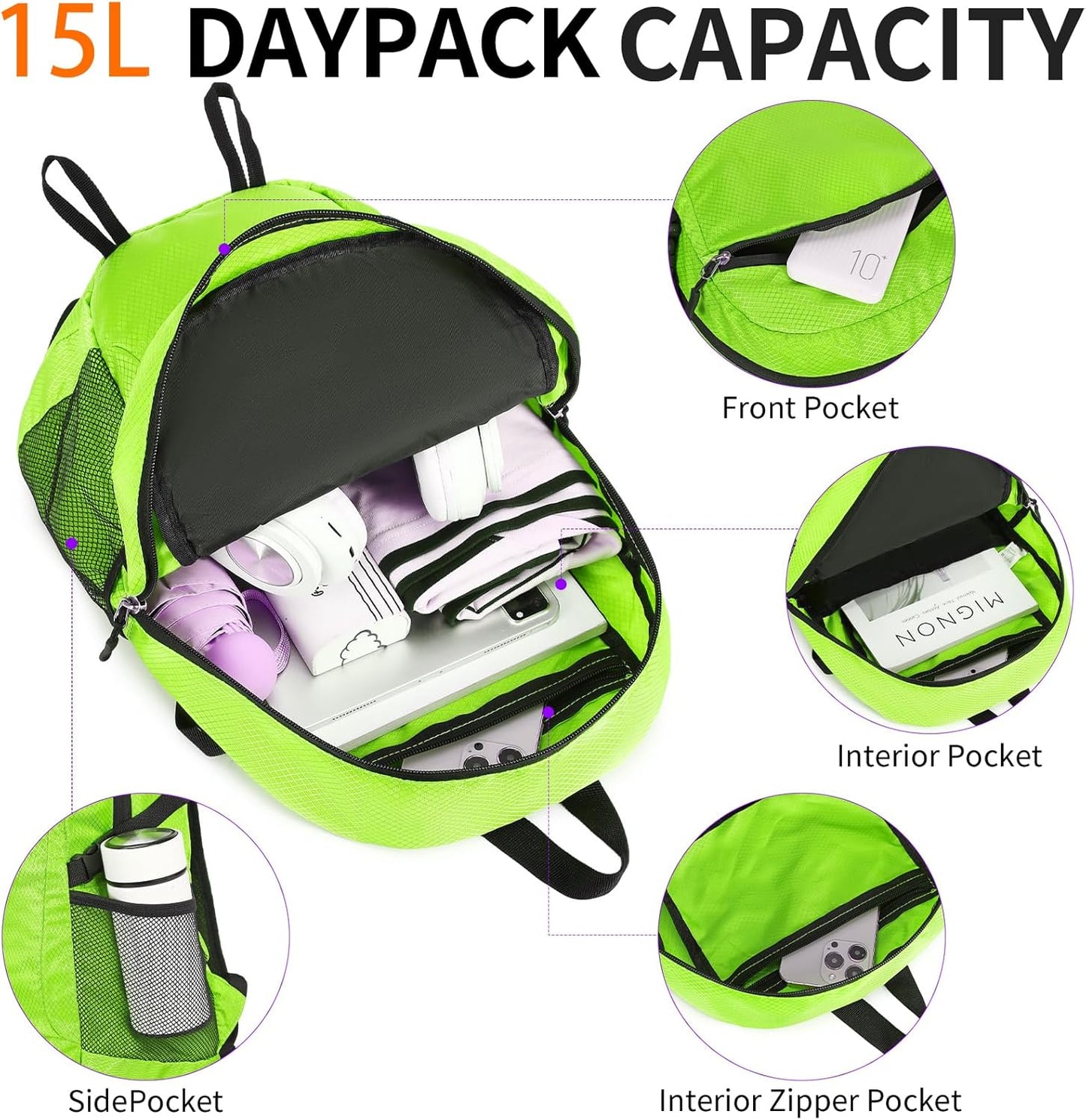 Small Hiking Daypack,15L Water-Resistant Hiking Backpack Packable Lightweight Travel Day Pack for Women Men (LinghtGreen, Small)