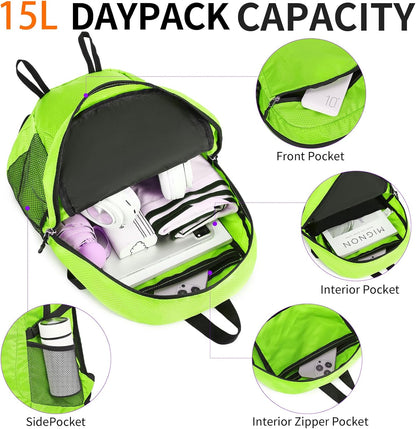 Small Hiking Daypack,15L Water-Resistant Hiking Backpack Packable Lightweight Travel Day Pack for Women Men (LinghtGreen, Small)