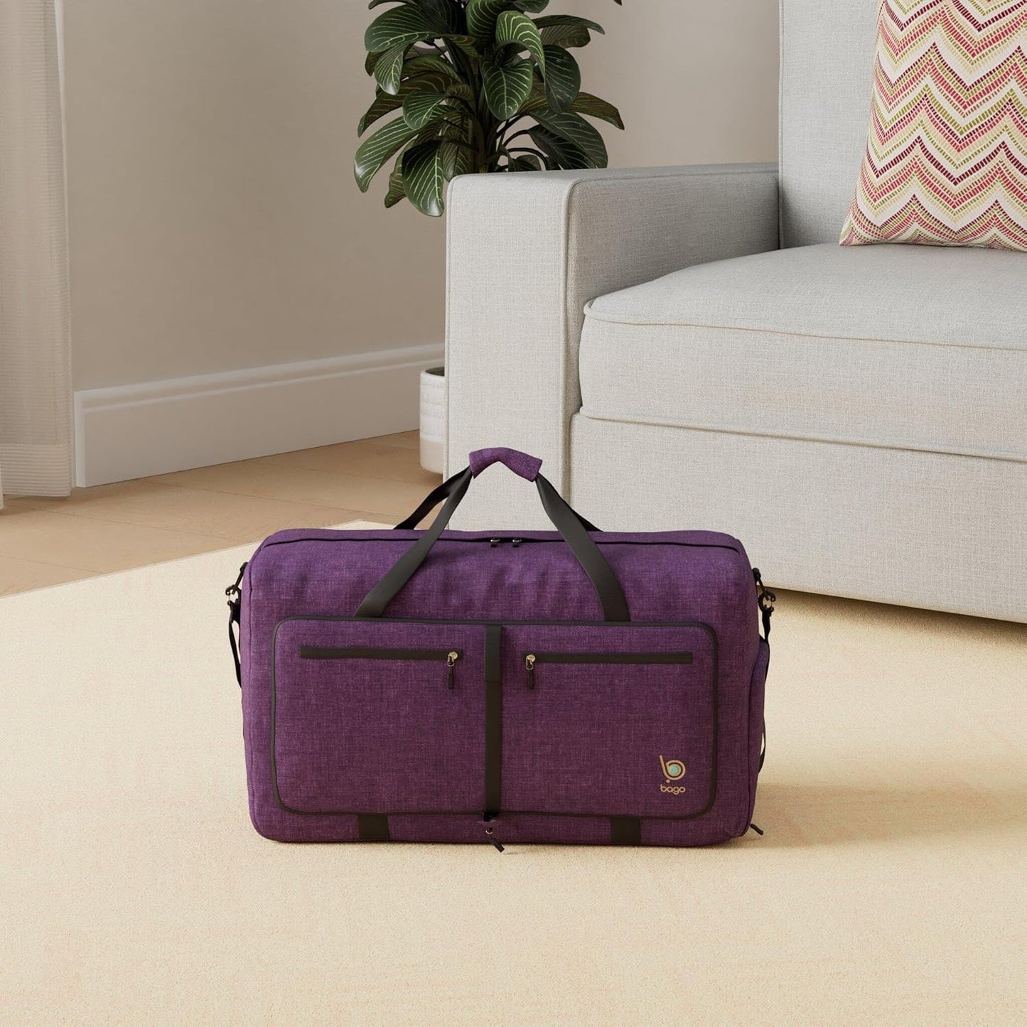 Bago Large Foldable Duffel Bags for Traveling Women & Men - 100L Packable Duffle Bag for Travel with Shoe Compartment - Water Repellant, Heavy Duty, Lightweight Folding & Collapsible (SnowDepPurple)