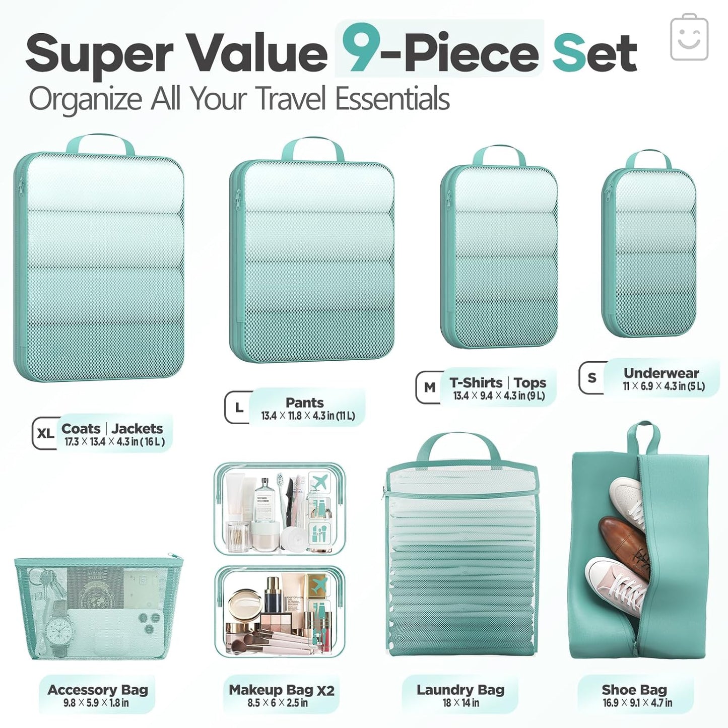 Veken 9/11 Set Compression Packing Cubes for Travel Essentials,Compressible Expandable Large Luggage Suitcase Organizer Bags for Clothing,Durable Space Saver Storage Bags(Blue Green)