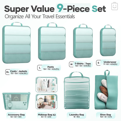 Veken 9/11 Set Compression Packing Cubes for Travel Essentials,Compressible Expandable Large Luggage Suitcase Organizer Bags for Clothing,Durable Space Saver Storage Bags(Blue Green)