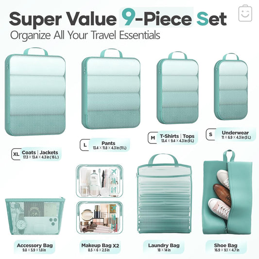 Veken 9/11 Set Compression Packing Cubes for Travel Essentials,Compressible Expandable Large Luggage Suitcase Organizer Bags for Clothing,Durable Space Saver Storage Bags(Blue Green)