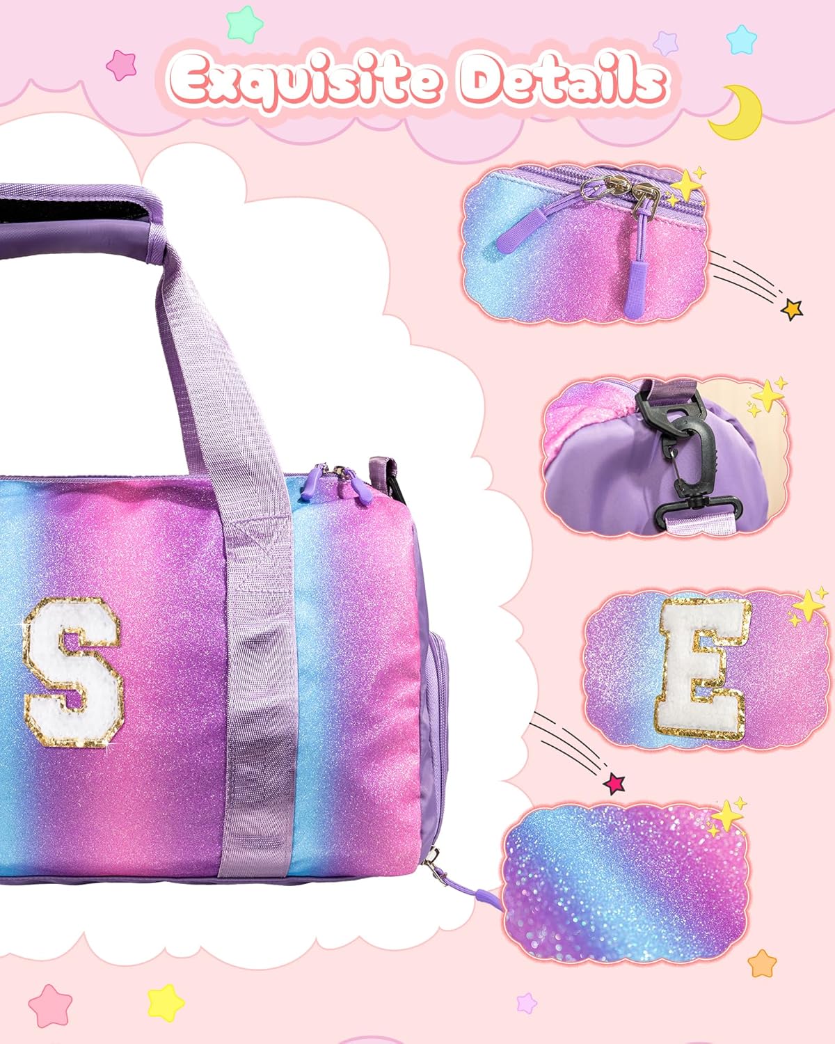 Sister Graduation Gift-Girl Gym Bag with Shoe Compartment, Kid Personalized Weekender Overnight Bags, Initial Travel Tote with Makeup Pouch Valentine's Day Gifts for Kids (Letter I)