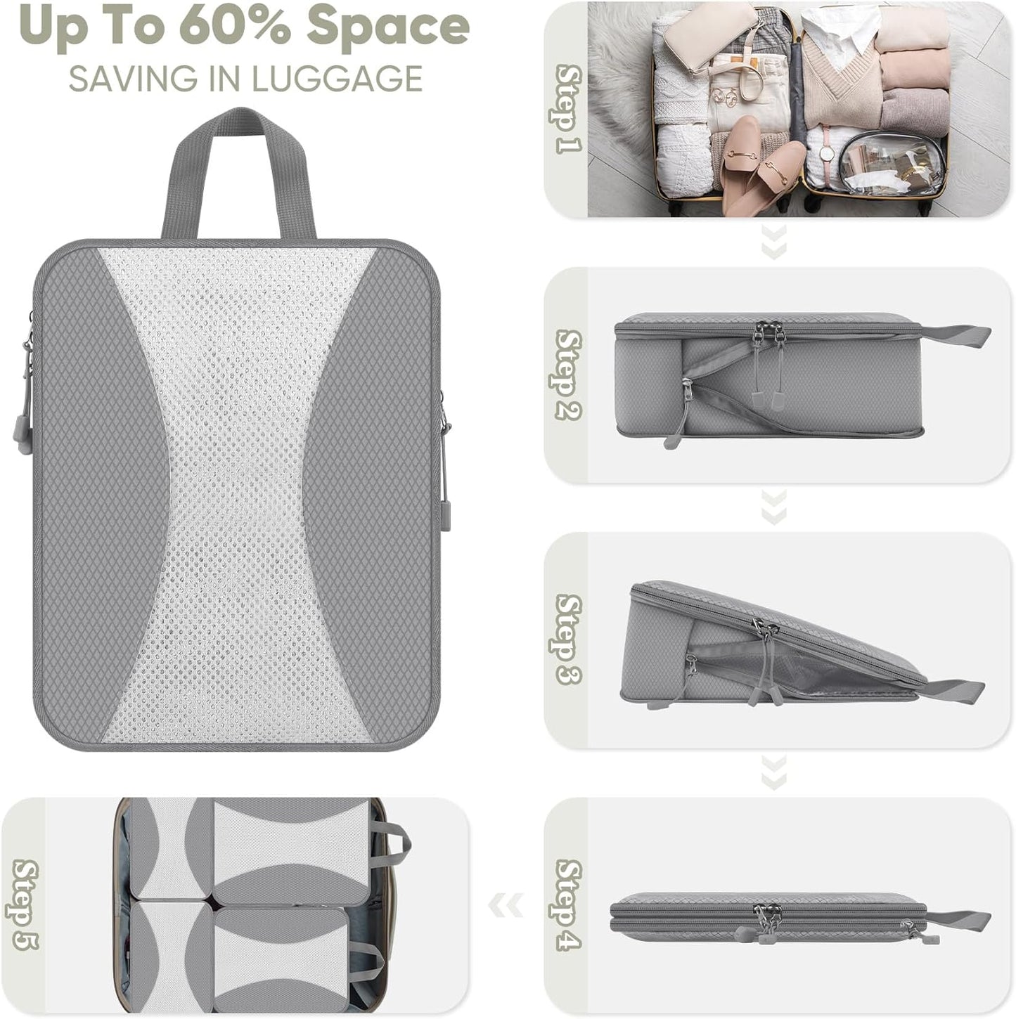 8 Set Compression Packing Cubes for Travel, Packing Cubes Compression Travel Accessories Expandable Packing Organizers for Carry on Luggage Suitcase (Gray)