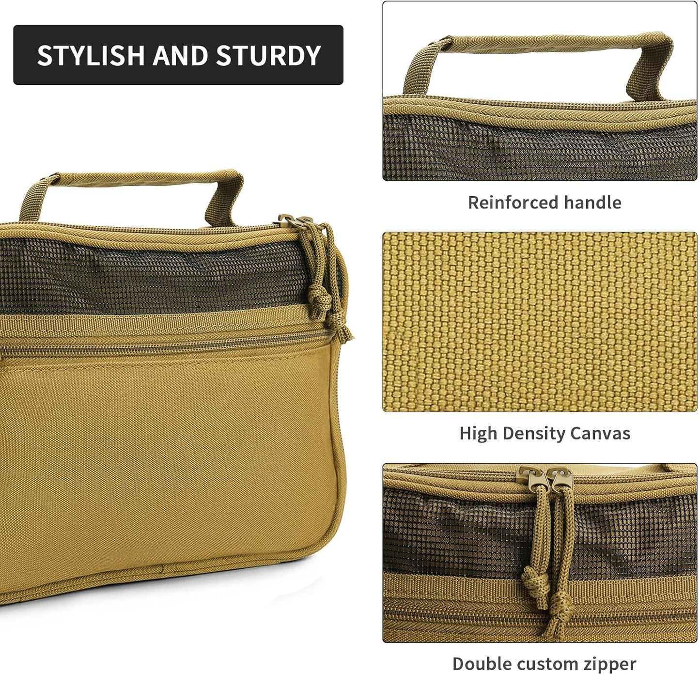 SUNRISING Tactical Toiletry Bag for Men - Hanging Travel Dopp Kit, Shaving Hygiene Organizer, Durable Bathroom Essentials for Short Trips & Camping Khaki（No molle）