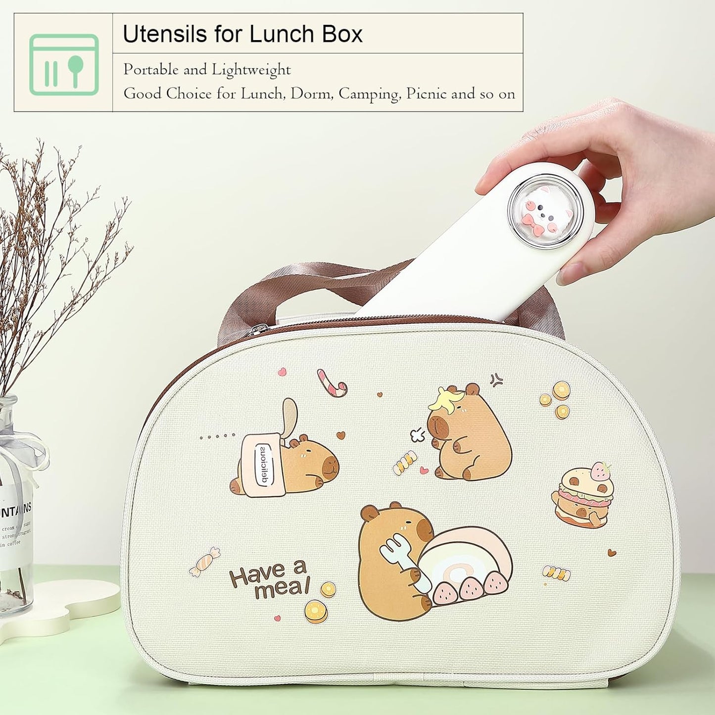 DEVICO Travel Utensils with Case Cute, Reusable Silverware for Lunch, Portable Cutlery Set, 18/8 Stainless Steel Fork Spoon Chopsticks in Cartoon Case, Dishwasher Safe (White)