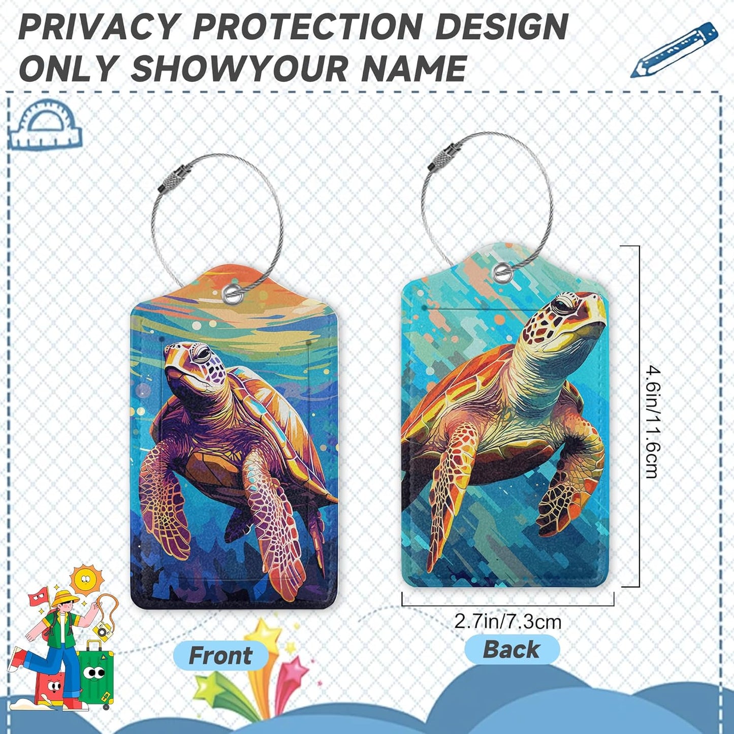 Set of 2 Luggage Tags for Suitcases, Leather Watercolor Sea Turtle Baggage Tags with Stainless Steel Loop, Privacy Name ID Card Cover Kawaii Travel Labels for Women Men Kids Girls