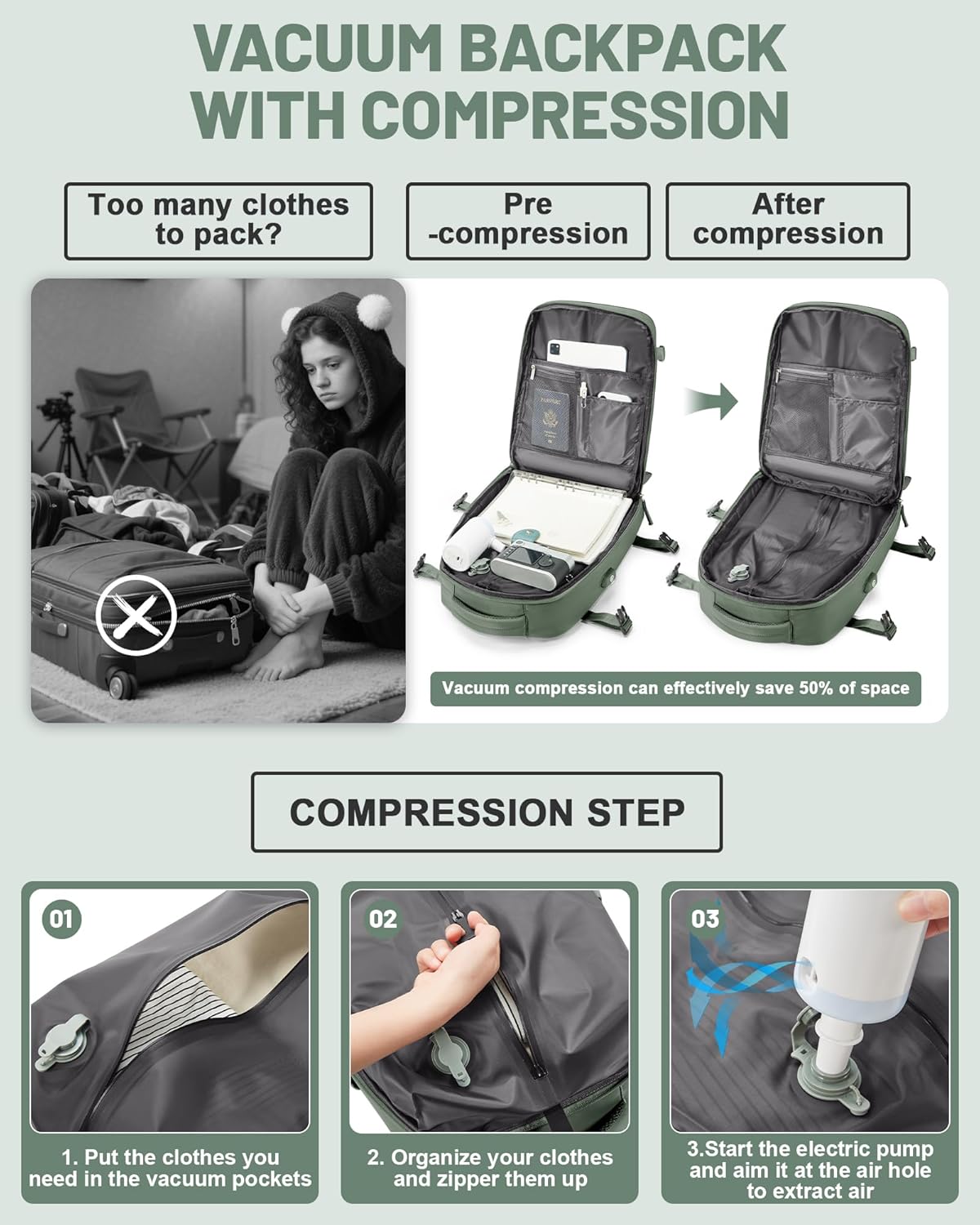 Vacuum Backpack Travel Laptop Backpacks For Women Men Carry On Backpack With Vacuum Compression Bags Seal Packing Personal Item Travel Bag Vacpack Backpacks With Pump Olive Green