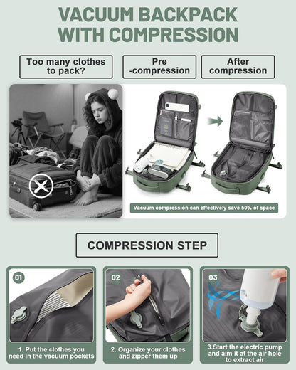 Vacuum Backpack Travel Laptop Backpacks For Women Men Carry On Backpack With Vacuum Compression Bags Seal Packing Personal Item Travel Bag Vacpack Backpacks With Pump Olive Green