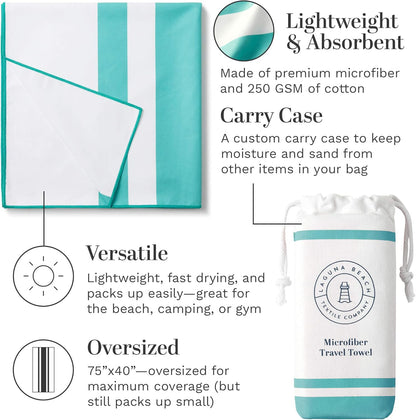 Emerald Microfiber Beach Towel by Laguna Beach Textile Co - Sand Free, Light Weight Striped Pool Towel - Perfect for Yoga, Gym, Beach, Pool - Extra Large, 35" x 75" - Aqua Blue