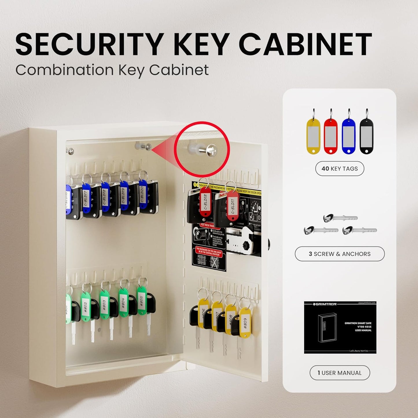 40 Keys Combination Key Lock Box with Code, Key Box Wall Mount for Home Office Key Storage, Resttable Code