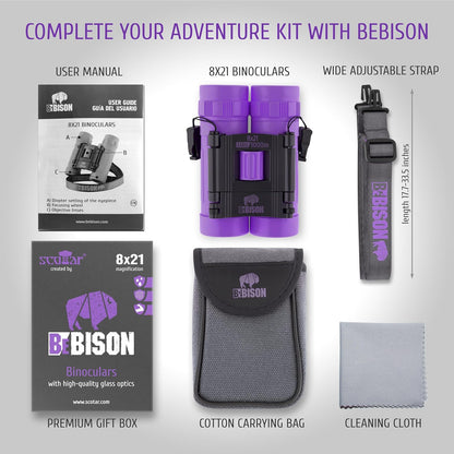 BeBison Binoculars for Kids and Adults - 8x21 High Resolution Real Optics - Compact Folding Shockproof Kids Binoculars for Bird Watching - Spy Games - Outdoor Play for Boys and Girls