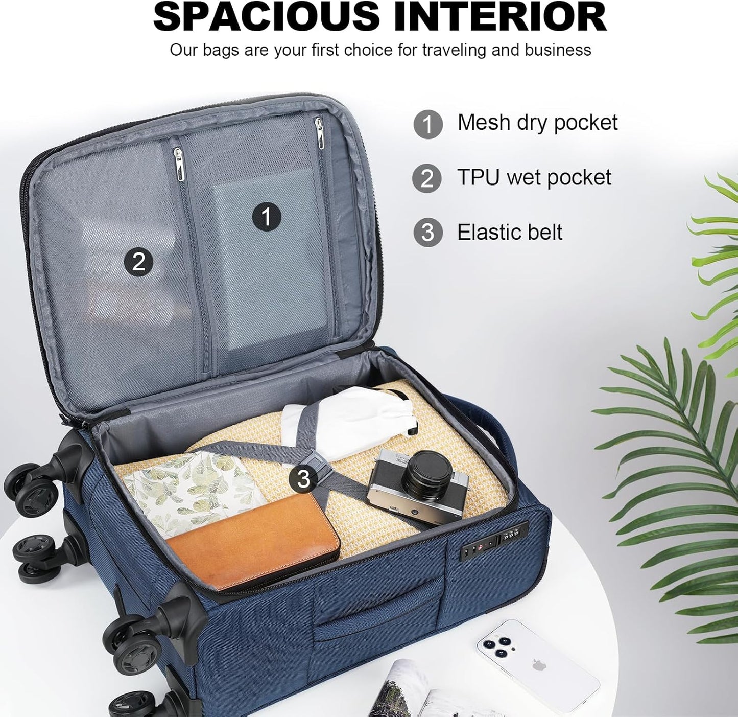 KROSER Softside Expandable Carry On Luggage with Spinner Wheels & Built-in TSA Lock, Durable Suitcase Rolling Luggage with USB Port, Carry-On 20-Inch, Haze Blue