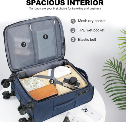 KROSER Softside Expandable Carry On Luggage with Spinner Wheels & Built-in TSA Lock, Durable Suitcase Rolling Luggage with USB Port, Carry-On 20-Inch, Haze Blue