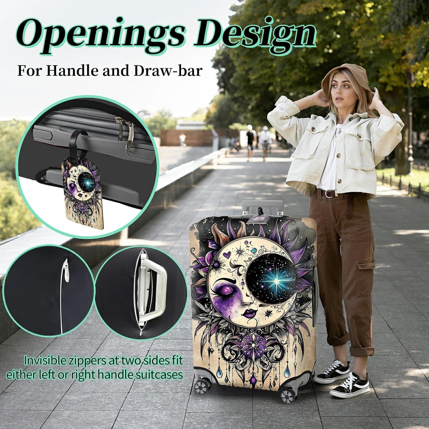 Luggage Cover Suitcase Protector Plus 1 Luggage Tag, Gothic Moon Face Travel Suitcase Cover for 18-20 inch Luggage (S) with Concealed Zipper Washable Elastic Cloth Dustproof Anti-Scratch