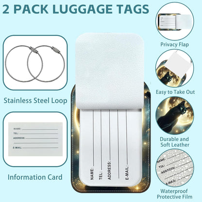 Black Cat and Sky Luggage Tag for Suitcase Set of 2 PU Leather Cute Luggage Tags with Stainless Metal Loop ID Label Privacy Flap Suitcase Tags for Women and Men Travel