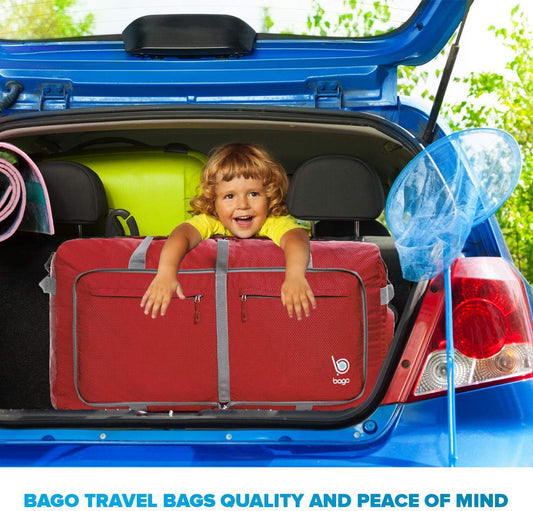 Bago Large Foldable Duffel Bags for Traveling Women & Men - 120L Packable Duffle Bag for Travel with Shoe Compartment - Water Repellant, Heavy Duty, Lightweight Folding & Collapsible (Red)