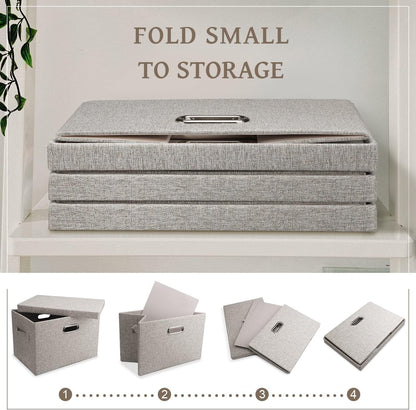 Medium 15" 21 Quart Collapsible Stackable Storage Bins with Lids, 5 Packs Beige Foldable Fabric Closet Boxes Heavy-duty Linen Cube Baskets Container for Bedroom Office (15 x 11 x 8)