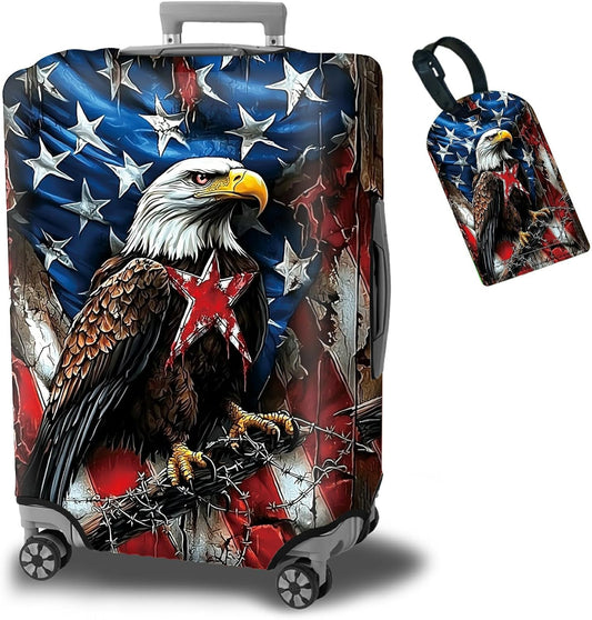 Luggage Cover + Tag, Eagle American Flag Travel Suitcase Protector for 29-30 inch Luggage (XL) with Concealed Zipper, Washable Elastic Cloth, Dustproof, Anti-Scratch