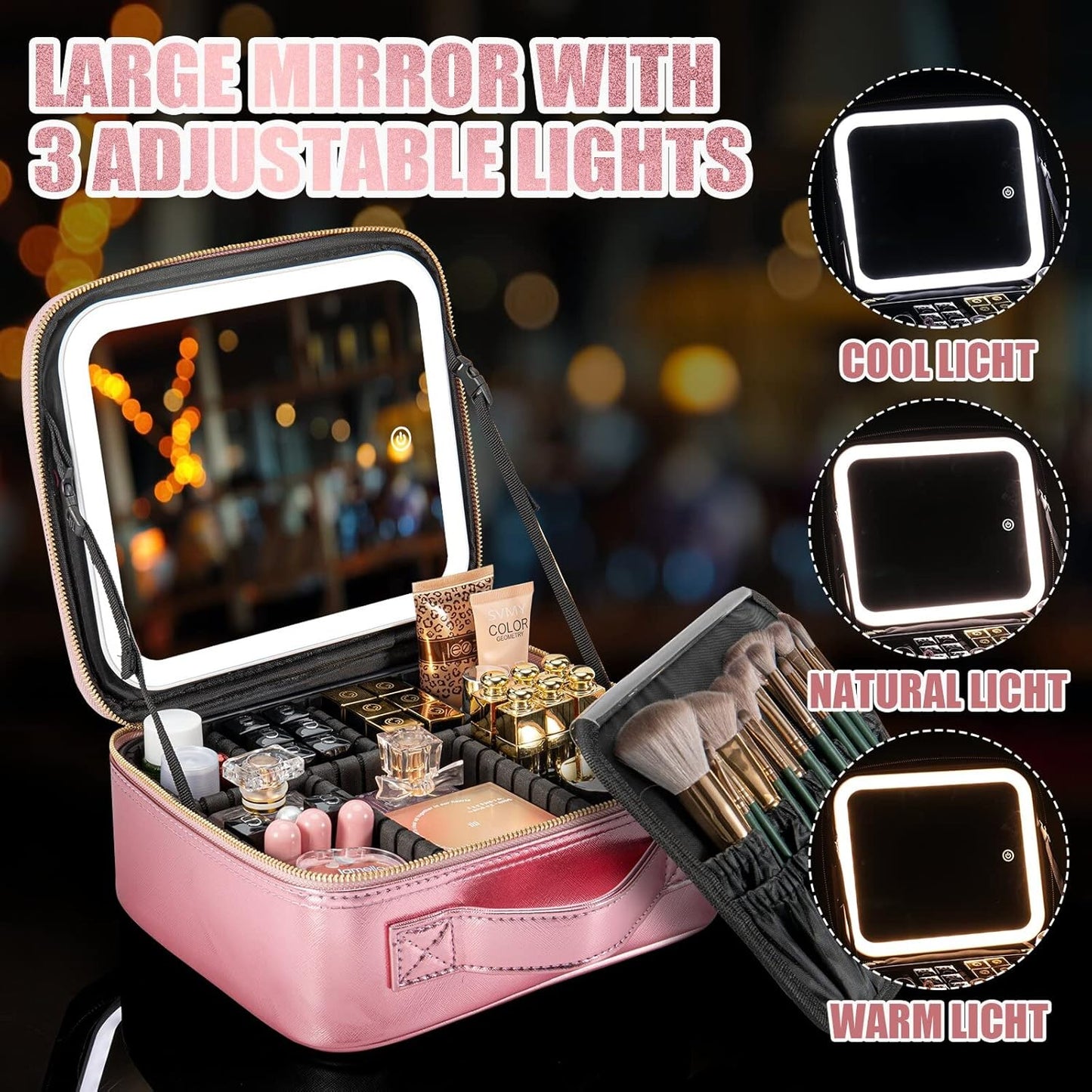 Makeup Travel Train Case with Mirror LED Light 3 Adjustable Brightness Large Cosmetic Bag Portable Storage Adjustable Partition Waterproof Makeup Brushes Make up Jewelry Gift for Women