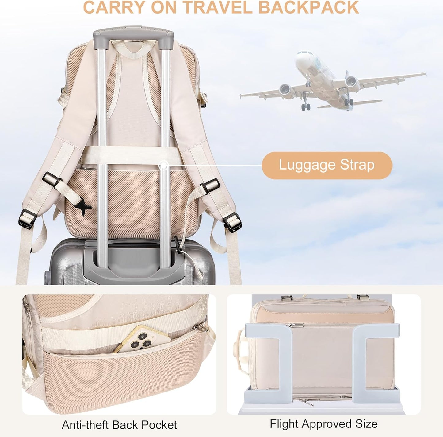 PIJUSHI Travel Backpack for Women Expandable Carry on Luggage Backpack Airline Approved Personal Item Laptop Bag(PE034 Classic Beige)