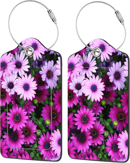 2 Pack Luggage Tags for Suitcases,Flowers Luggage Tag,PU Leather Id Label Luggage Tags with Stainless Steel Loop and Privacy Cover for Women Men Teens Travel