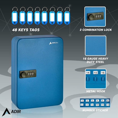 AdirOffice Key Lock Box - 48 Hook Wall Mounted Key Cabinet Holder, Lockable Storage - Metal Organizer for Home and Office