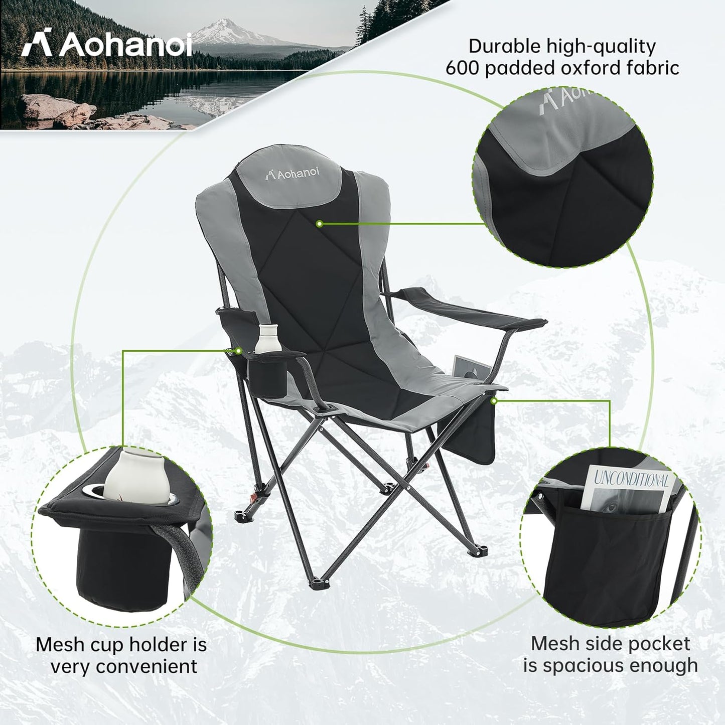 Camping Chairs, Portable 2 Pack Camp Chairs for Heavy People with Adjustable Angled Backrest, Outdoor Folding Camping Chairs for Outside Supports up to 350lbs, Carry Bag Included