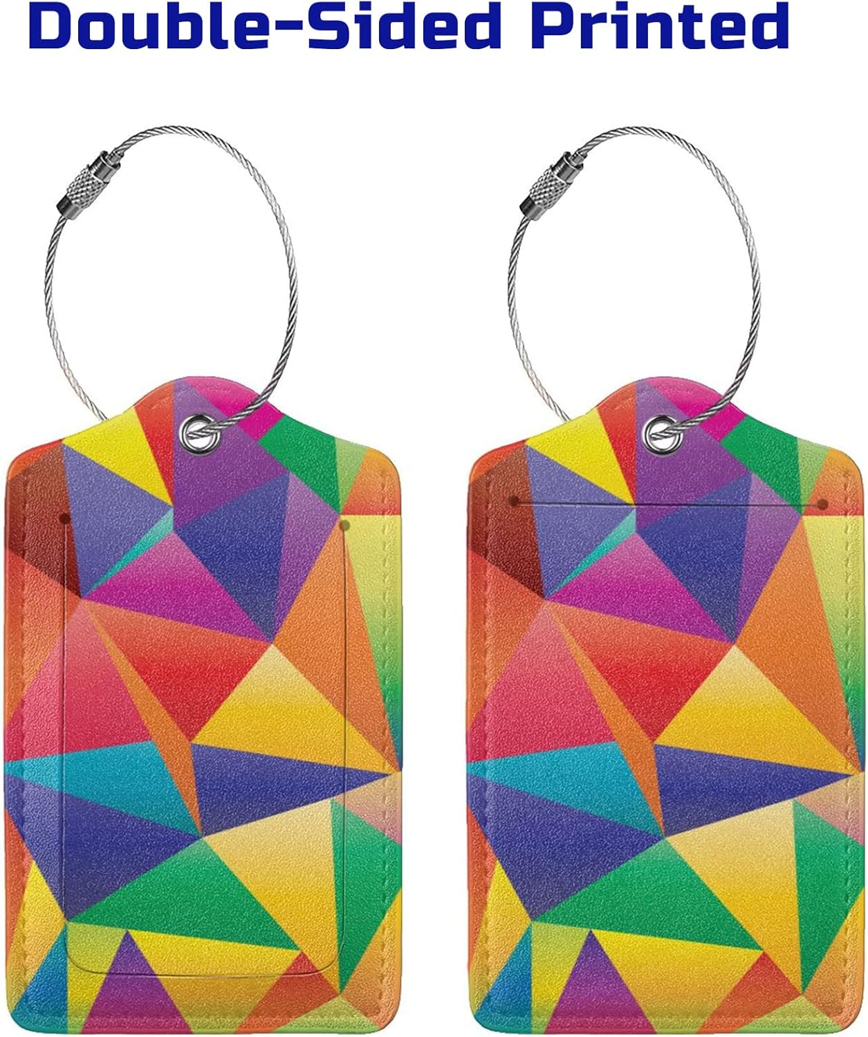 2 Pcs Luggage Tags for Suitcases Unique, Bright Rainbow Leather Baggage Tag with Colorful Geometric Pattern, Identifiers Tags with Privacy Name Address Labels & Durable Steel Loop for Women Men Travel