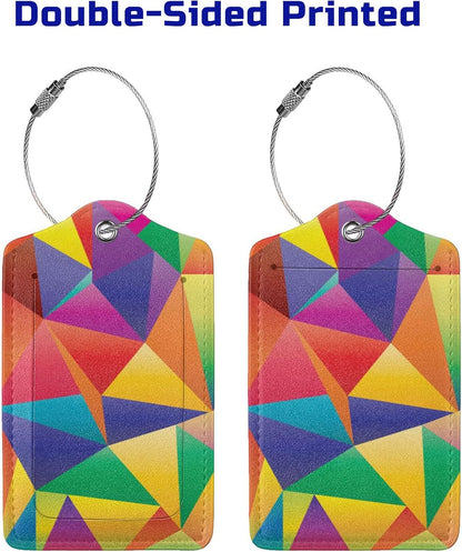 2 Pcs Luggage Tags for Suitcases Unique, Bright Rainbow Leather Baggage Tag with Colorful Geometric Pattern, Identifiers Tags with Privacy Name Address Labels & Durable Steel Loop for Women Men Travel