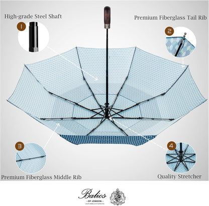 Balios Travel Folding Umbrella with Real Wood Handle Auto Open Close Vented Windproof Canopy - Designed in UK