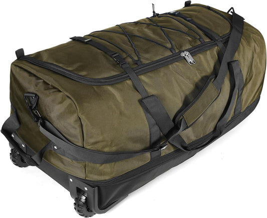 110L/140L Expandable Soft-Sided Foldable Duffle Bag with 2 Rubber Wheels,Packable 32” Rolling Carry-On with Multi-Pockets & Compartments,Army Green