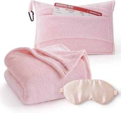 Bedsure Travel Blanket Airplane Compact with Storage Bag, Packable Blanket with Eye Mask, Lightweight 2-in-1 Travel Essentials, Functioned as Pillow for Airplane Comfort and Warmth, Pink