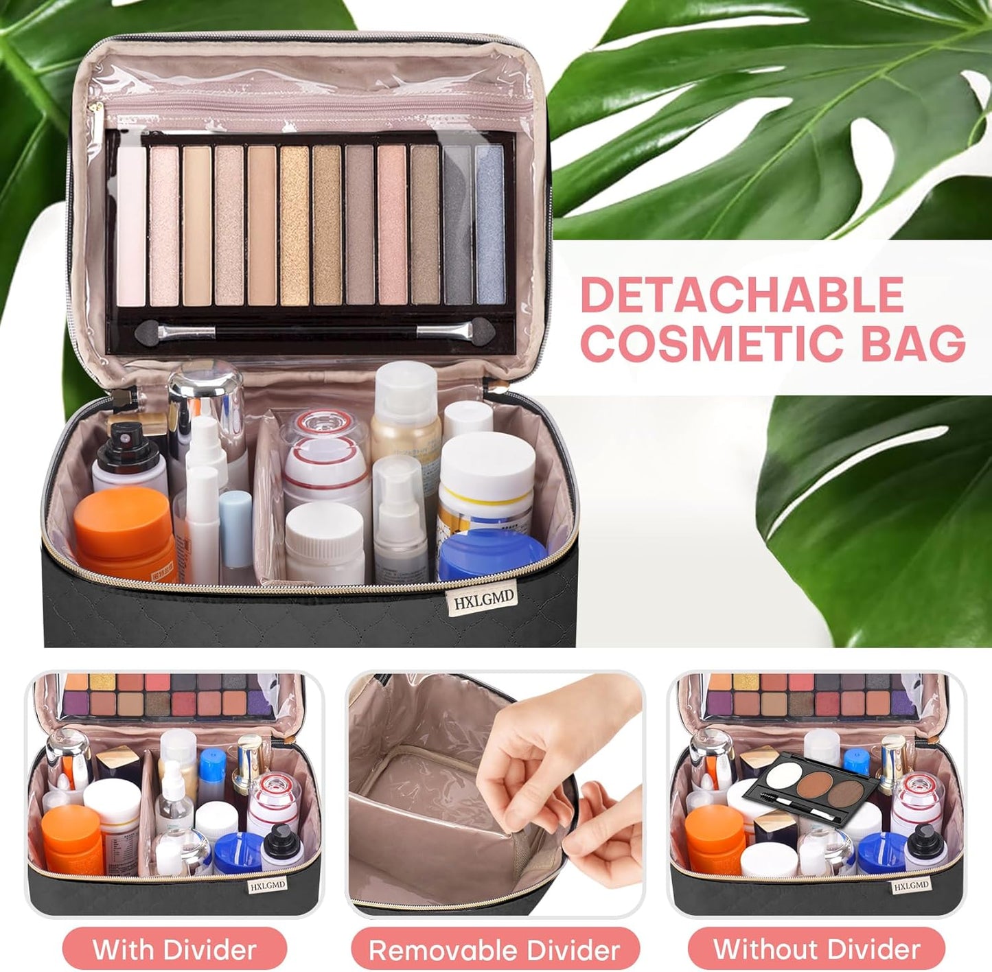 Large Makeup Bag with Mirror Double Layer Travel Make Up Organizer Case, Large Capacity Coemetic Bag with Brush Slot Divider
