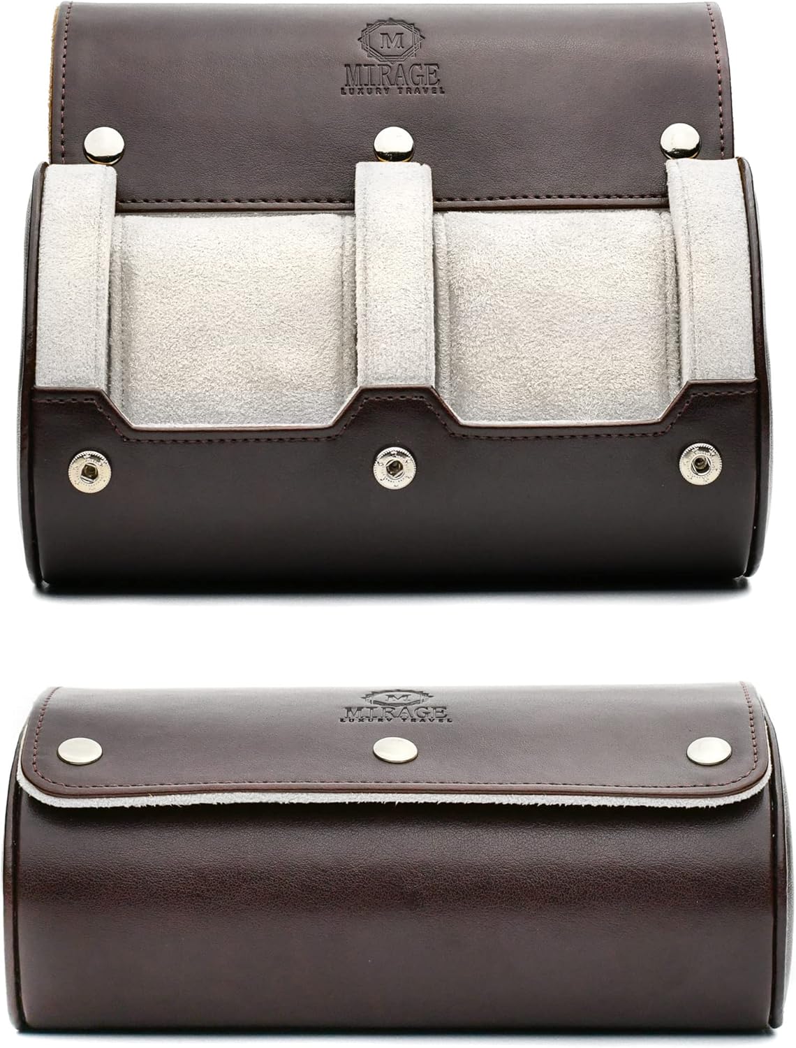2 Watch Travel Case for Men - Mirage Watch Roll Gift Accessory - Espresso/Ivory Vegan Leather