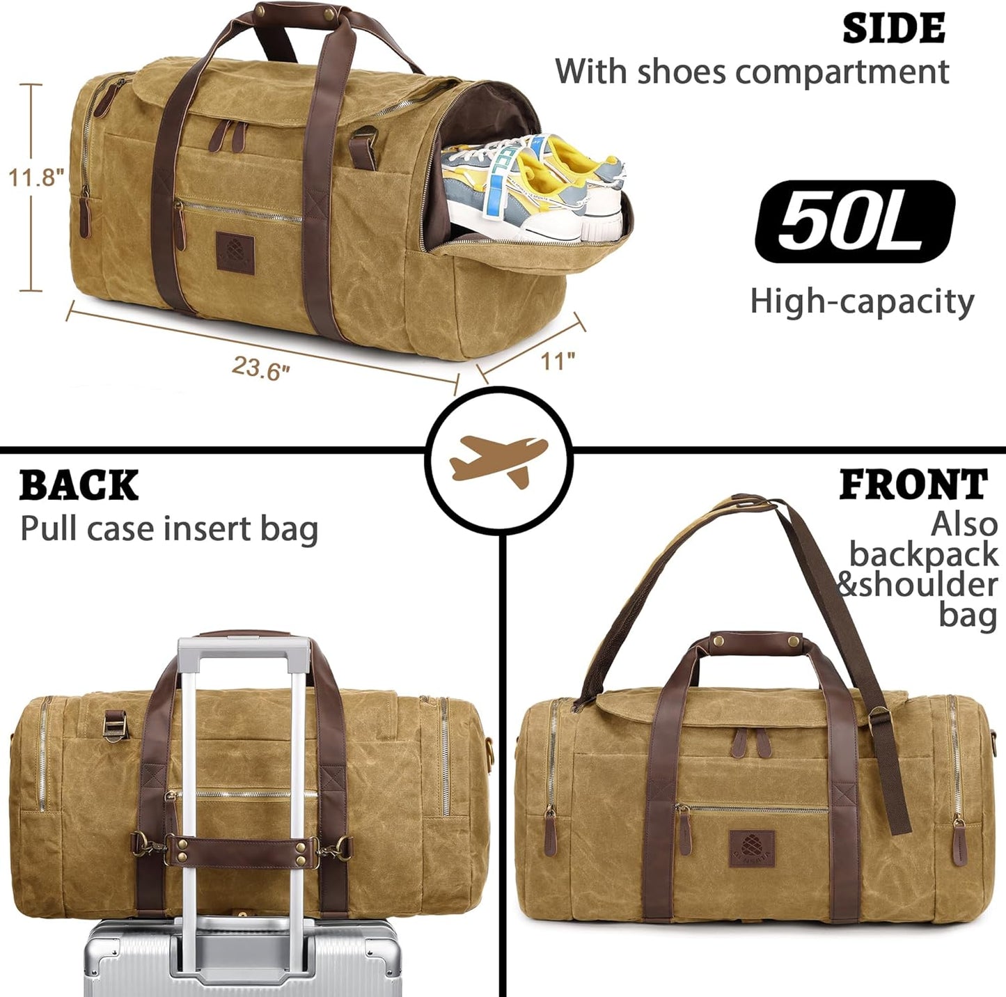 50L Duffle Bag for Men, Nomad Waxed Canvas Travel Duffel Bag Vintage Genuine Leather Travel Handbag Upgraded Weekender Overnight Backpack with Shoes Compartment (Vintage Brown)