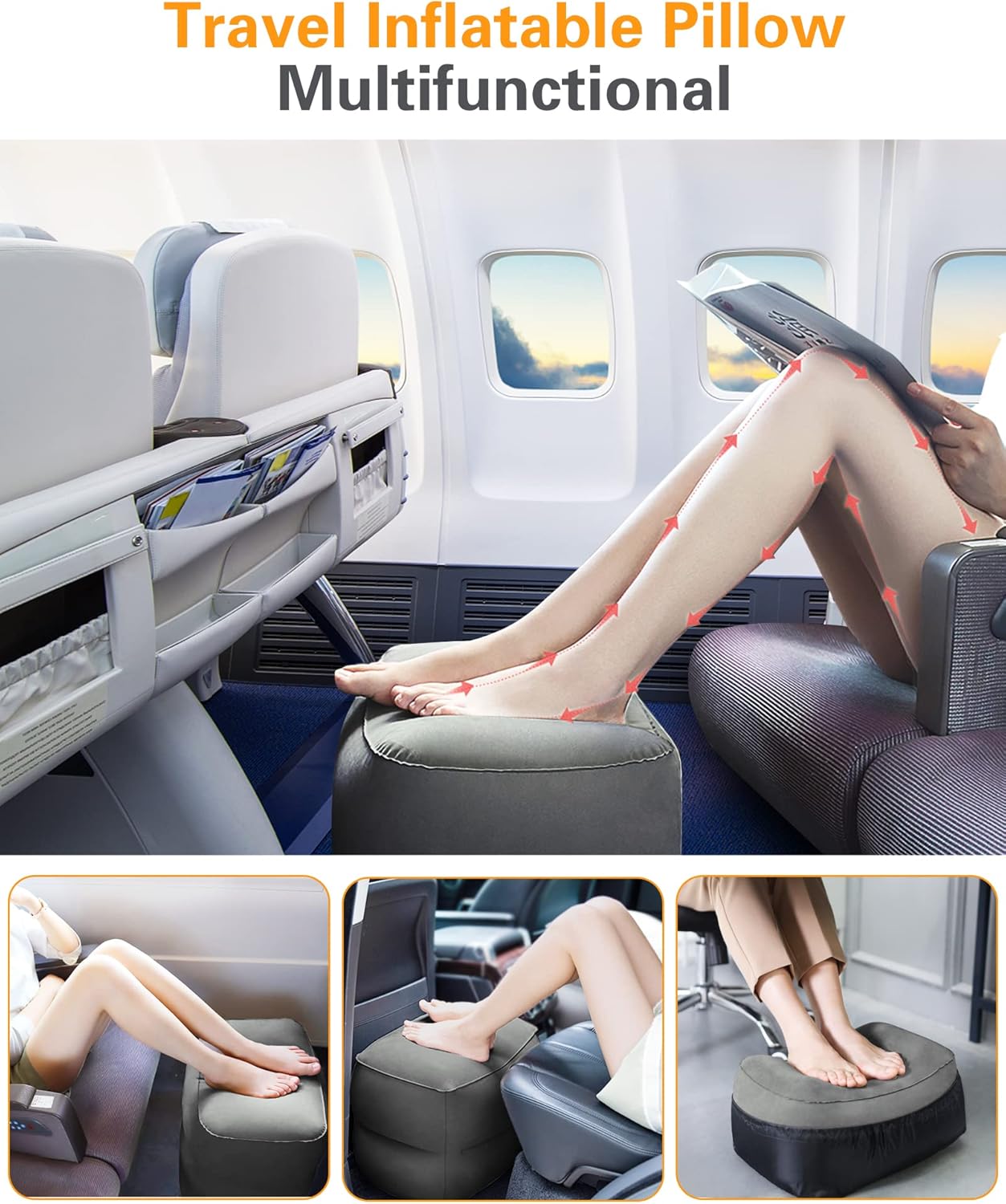 Sunany Inflatable Foot Rest Pillow for Airplane Travel-Adjustable Height Cushions for Kids to Sleep While Traveling, Adults, Suitable for Office, Home and Any Travel（Dark Grey）