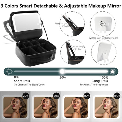 MOMIRA Travel Makeup Bag Cosmetic Bag Makeup Organizer Bag with Lighted Mirror, Adjustable Brightness in 3 Color Scenarios, Waterproof Makeup Train Case, Gift for Women - Woven black