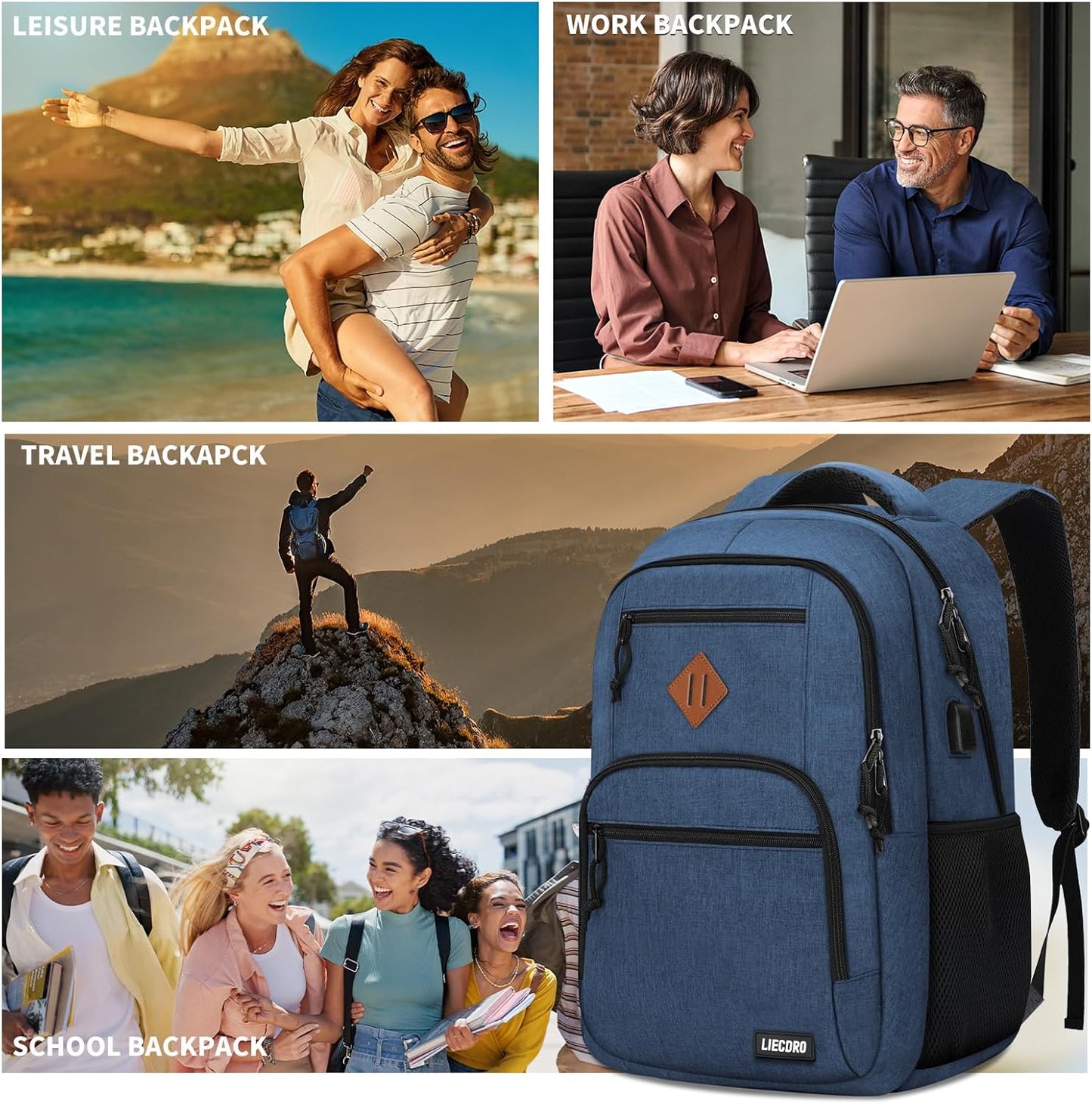 Blue Backpacks for Men, Backpack for School, School Backpack for Boys Teens, 15.6 inch Laptop Back Pack with USB Charging Port, College Book Bag, Business Work Travel Bookbag, mochilas para hombres